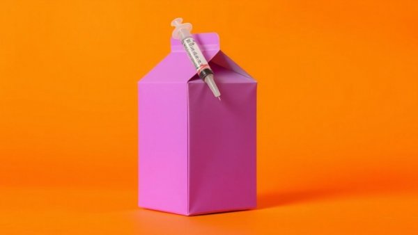 Syringe and milk carton on orange background, weight loss medication secrecy
