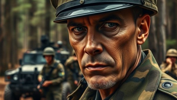 Close-up of military officer with soldiers in forest, highlighting U.S. military.