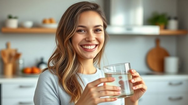 Smiling woman holding a glass of water in a kitchen.