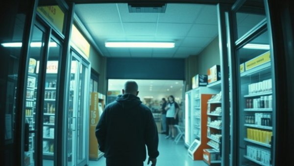 Security camera footage showing two individuals entering a store, related to San Antonio mail theft.