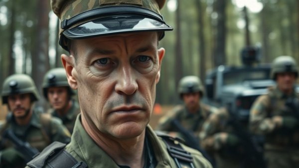 US news military scene with serious person and soldiers in forest.