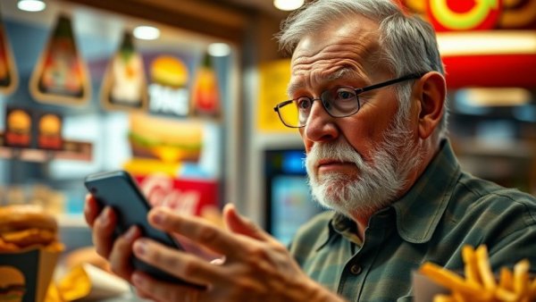Concerned older man examining ultra-processed foods health risks.