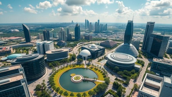 Aerial view of Dallas retail businesses with green spaces.