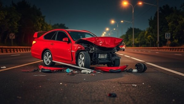 Houston accident news shows a damaged red car on a night highway.