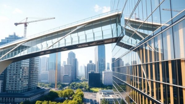 Modern glass skybridge amid Houston's urban landscape.