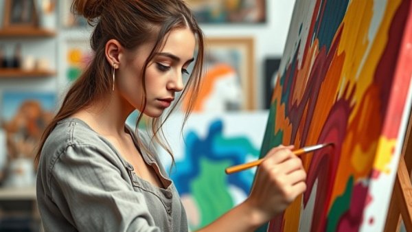 Artist painting in studio for San Antonio news feature.