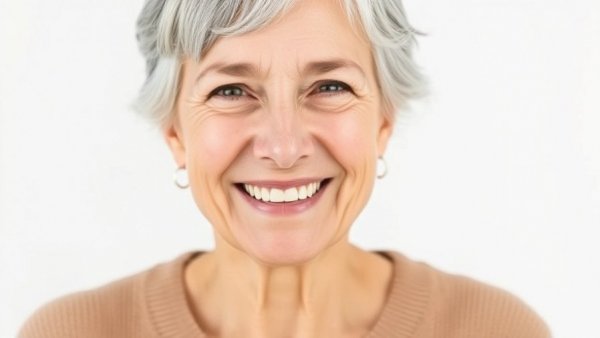 Middle-aged woman smiling, conveying positivity in a plain backdrop.
