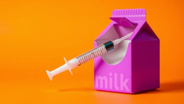 Purple milk carton with syringe, symbolizing weight loss medication secrets.