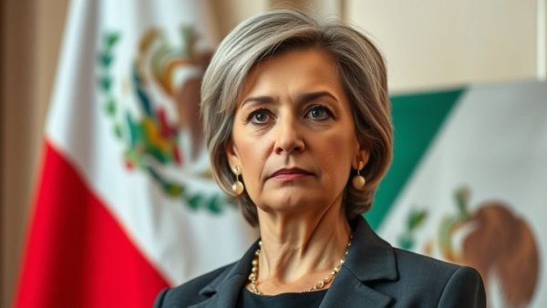 Serious woman with Mexican flag backdrop related to US Mexico drug operations.