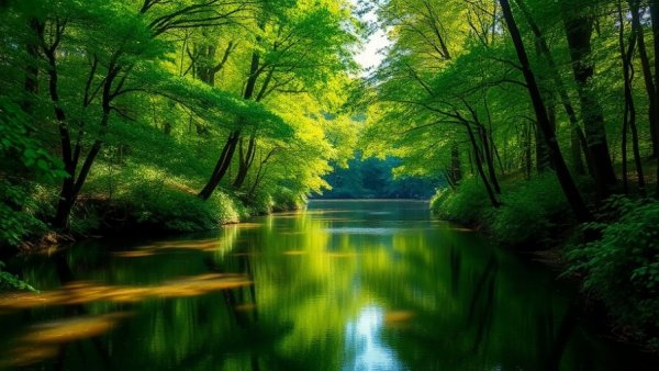 Serene river in wooded area at Lockhart State Park, vibrant greenery.