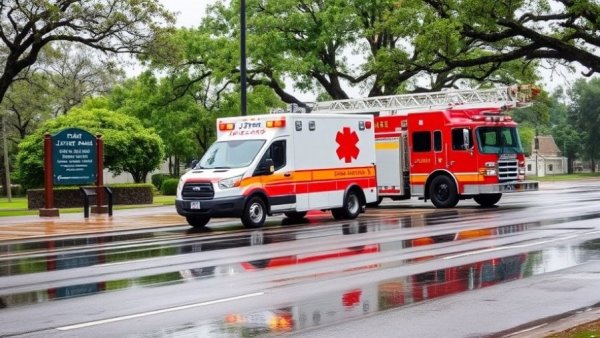 Emergency response at J Street Park on a rainy day in San Antonio.
