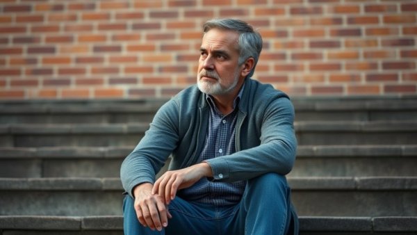 Thoughtful middle-aged man sitting on steps, real estate investment context.