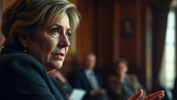 Focused woman passionately speaking in formal setting.