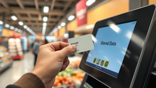 Kroger customer scanning loyalty card at checkout, data sharing notice.