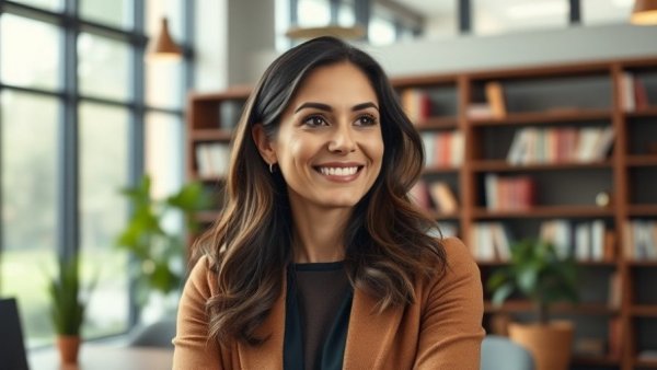 Confident woman smiling in a modern office - Texas education news.
