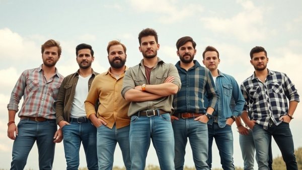 Three confident men with casual style under blue sky, Pearl music festival vibe.