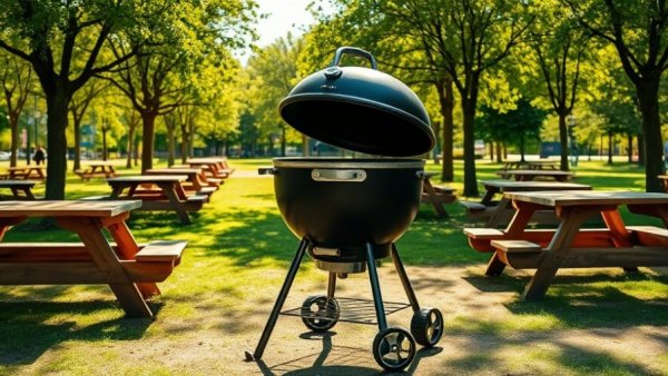 Barbecue grill and picnic tables in Austin park after burning restrictions lifted.