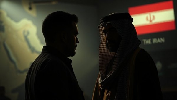 Negotiation tension with Middle Eastern figure and silhouette against Iran map.