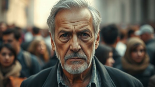 Serious older man in a crowd during negotiations, intense gaze.