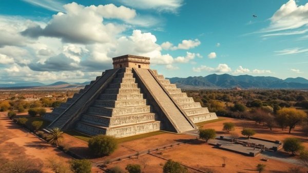Teotihuacan pyramid under a partly cloudy sky, Teotihuacan shooting context.