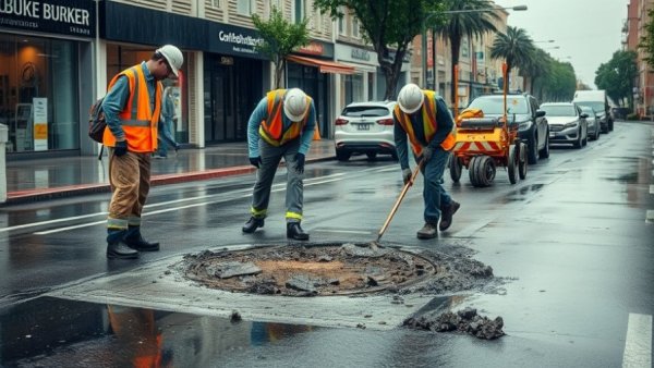 Houston construction workers repairing pothole on a rainy day