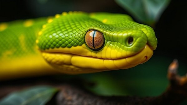 Ayeyarwady pit viper close-up with textured scales in vivid colors.
