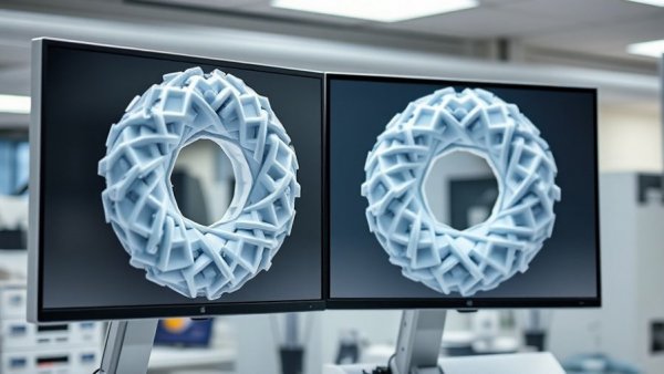 3D models of donut-shaped surfaces geometry displayed on screens in a modern lab.