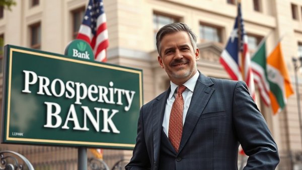 Prosperity Bank acquisition with businessman and bank sign.