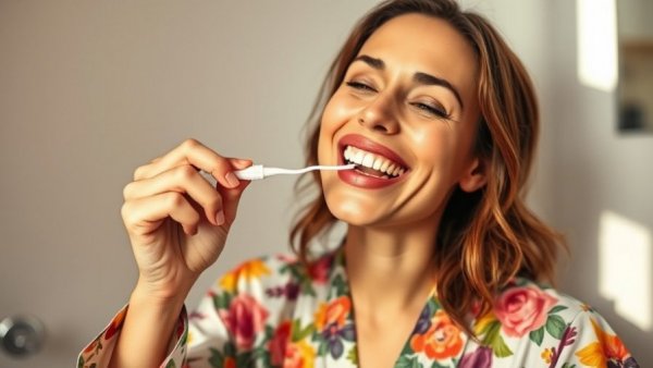 Woman flossing teeth in floral robe, promoting flossing and longevity.