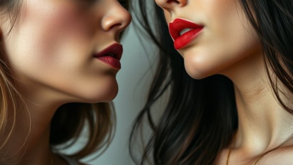 Close-up of two women whispering, bold lip colors, dating for validation theme.