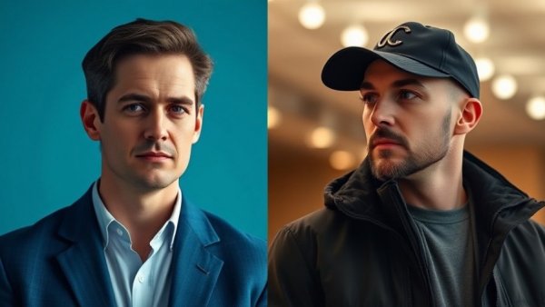 Contrasting portrait of two men in different settings and expressions.