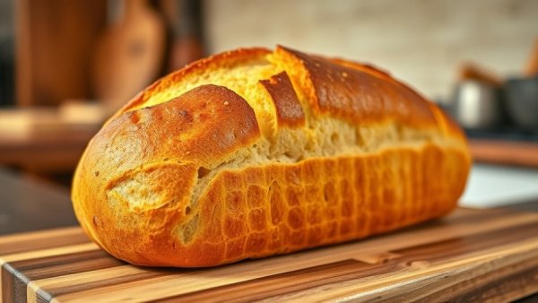 Golden-brown loaf of bread on wooden cutting board.