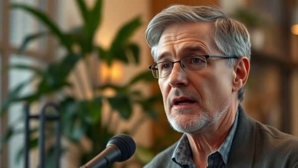 Middle-aged man speaking into a microphone about healing from anxiety.