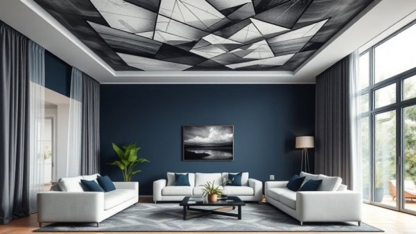 Modern living room with abstract ceiling art, home renovation trends 2026.