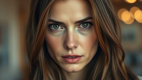 Woman with intense expression indoors discussing parole for green cards.