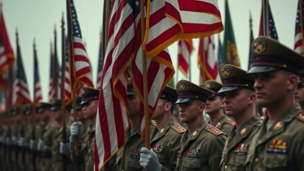 Discussion on U.S. Foreign Policy featuring military personnel carrying flags.