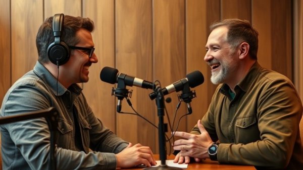 Two men in a podcast studio discussing longevity, aiming to live to be 100 years old.