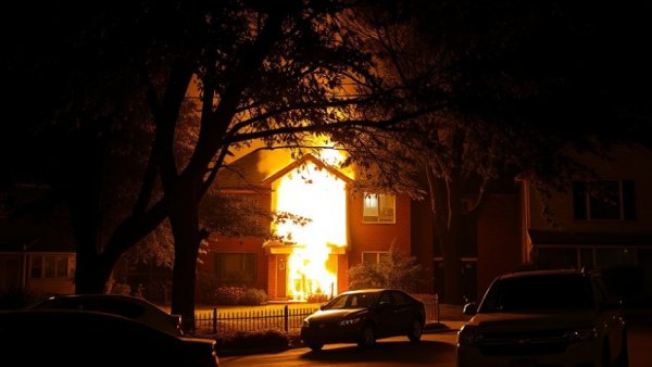San Antonio home explosion scene at night with flames and vehicles.