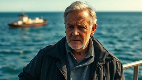 Confident man standing by ocean with large ship in background.
