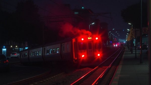 Austin news reports nighttime train derailment near Cesar Chavez Street.