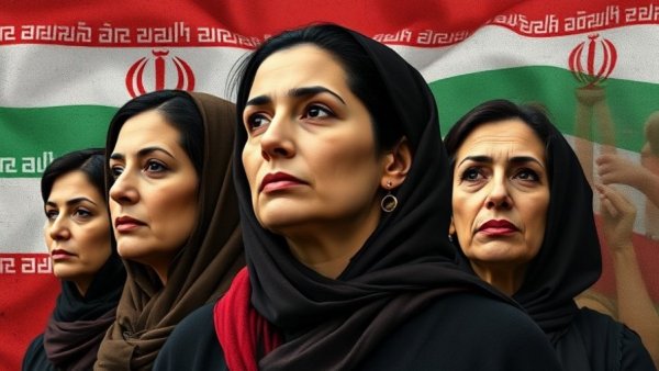 Iran execution women protest portraits with flag background.
