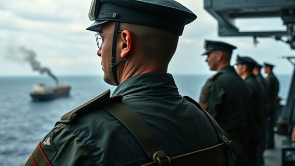 US military personnel using binoculars to monitor oil tanker at sea.