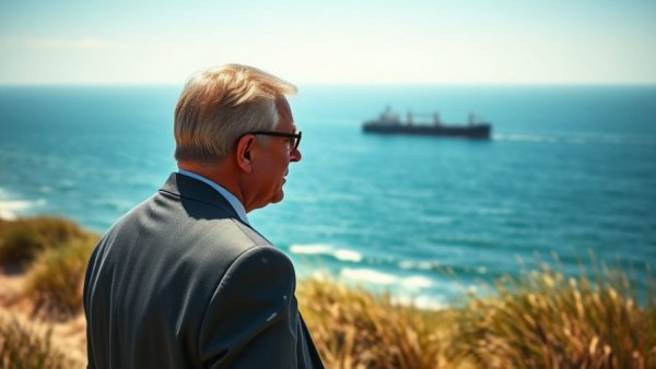 Political figure near ocean, cargo ship in distance, Trump Iran Deal Negotiations
