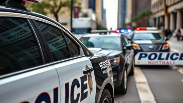 Close-up of Houston police cars parked, highlighting police funding.