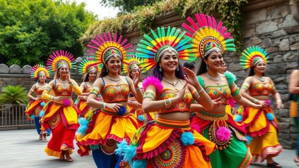 Festival de Animales San Antonio dancers parade in colorful costumes.
