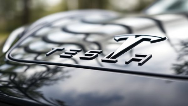 Tesla logo representing first-quarter profits rise.