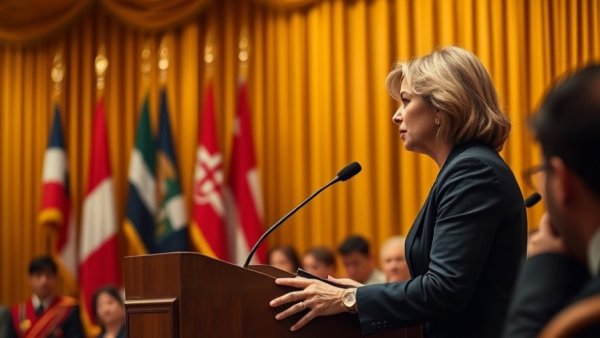 Melania Trump speaking live at First Ladies Luncheon, ceremonial backdrop.