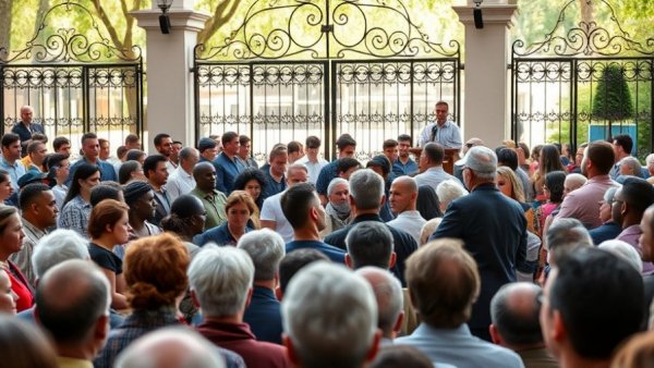 Outdoor public speaking event in San Antonio, diverse audience listening.