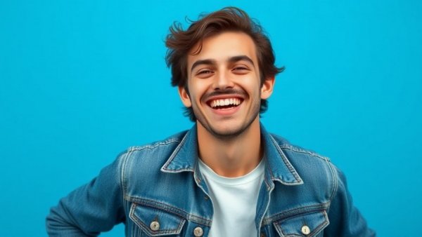 Young man in denim jacket smiling against a blue background.
