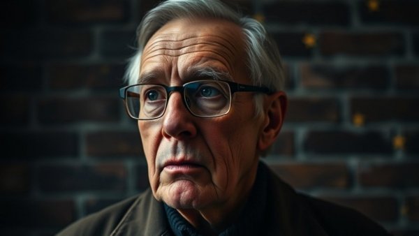 Serious older man with glasses contemplating in dark setting.